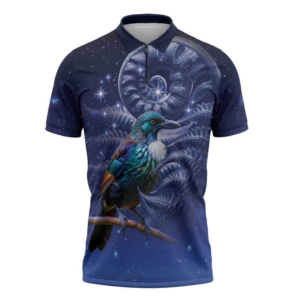 Tui Bird Matariki Galaxy Zipper Polo Shirt Koru Silver Fern Aotearoa