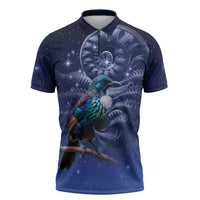 Tui Bird Matariki Galaxy Zipper Polo Shirt Koru Silver Fern Aotearoa