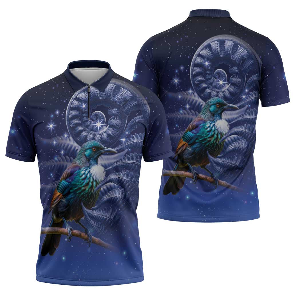 Tui Bird Matariki Galaxy Zipper Polo Shirt Koru Silver Fern Aotearoa