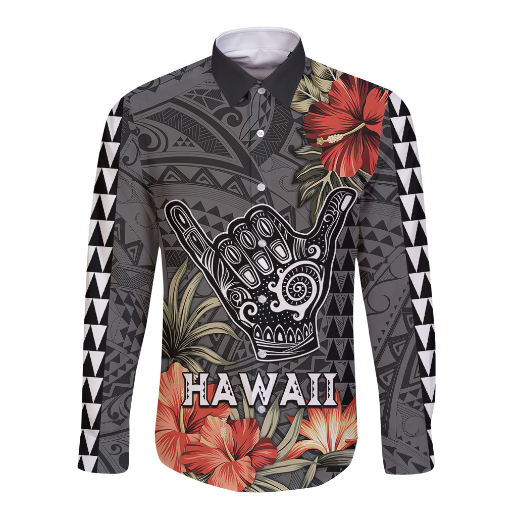 Hawaii Shaka Surf Hand Sign Long Sleeve Button Shirt Polynesian Vintage Vibes LT9 Unisex Black - Polynesian Pride