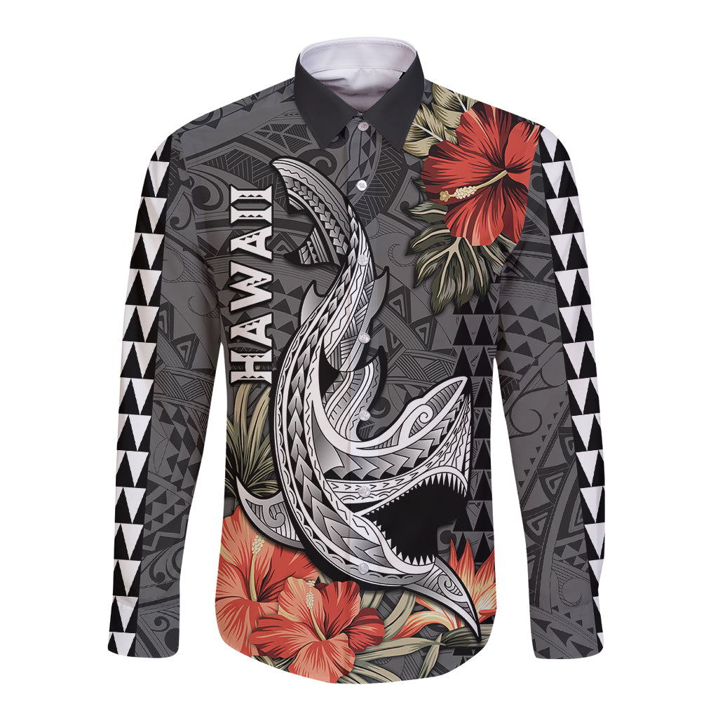 Hawaii Shark Tattoo Long Sleeve Button Shirt Polynesian Vintage Vibes LT9 Unisex Black - Polynesian Pride