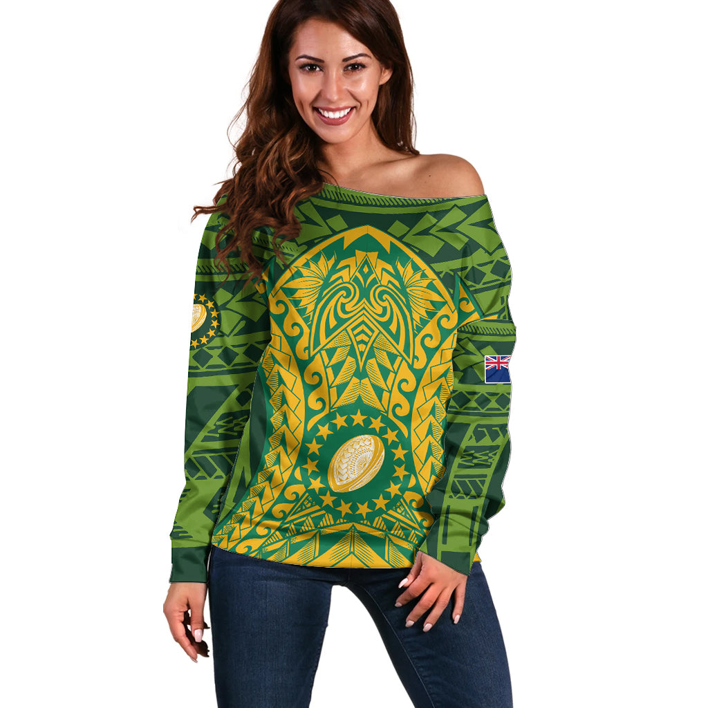 Cook Islands Rugby Off Shoulder Sweater Kukis Athletic Style LT9 Women Green - Polynesian Pride