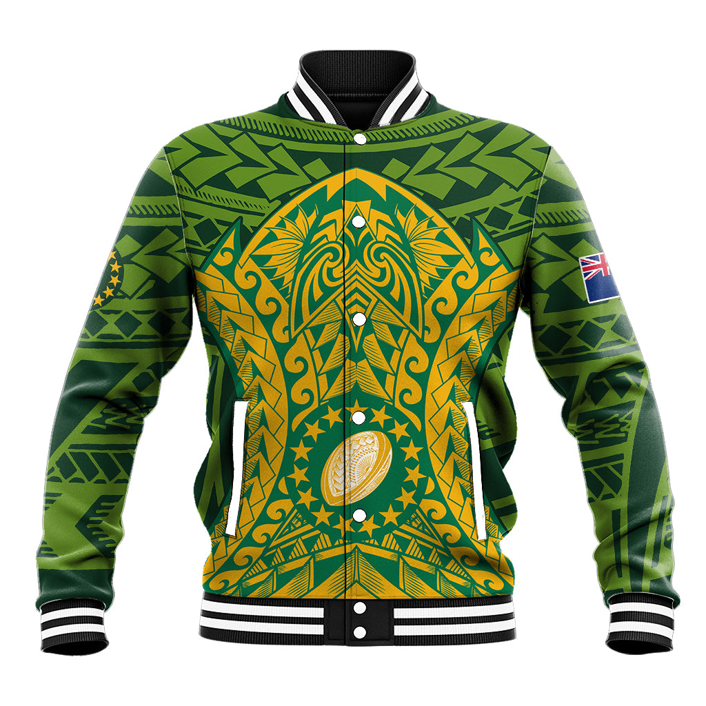 Personalised Cook Islands Rugby Baseball Jacket Kukis Athletic Style LT9 Unisex Green - Polynesian Pride