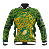Personalised Cook Islands Rugby Baseball Jacket Kukis Athletic Style LT9 Unisex Green - Polynesian Pride