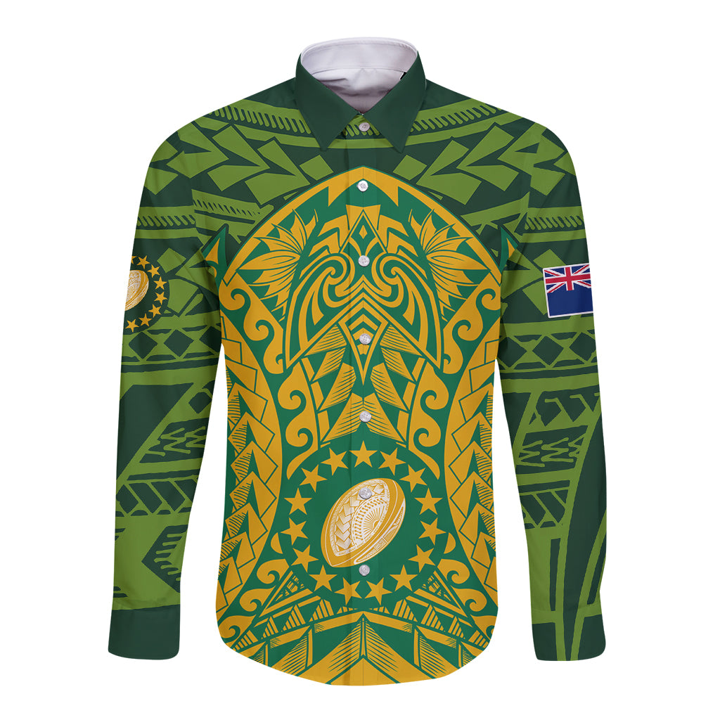 Personalised Cook Islands Rugby Long Sleeve Button Shirt Kukis Athletic Style LT9 Unisex Green - Polynesian Pride