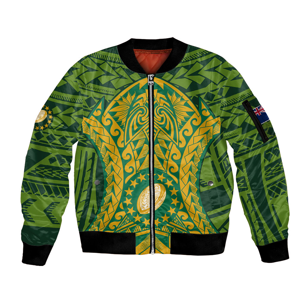 Personalised Cook Islands Rugby Sleeve Zip Bomber Jacket Kukis Athletic Style LT9 Unisex Green - Polynesian Pride