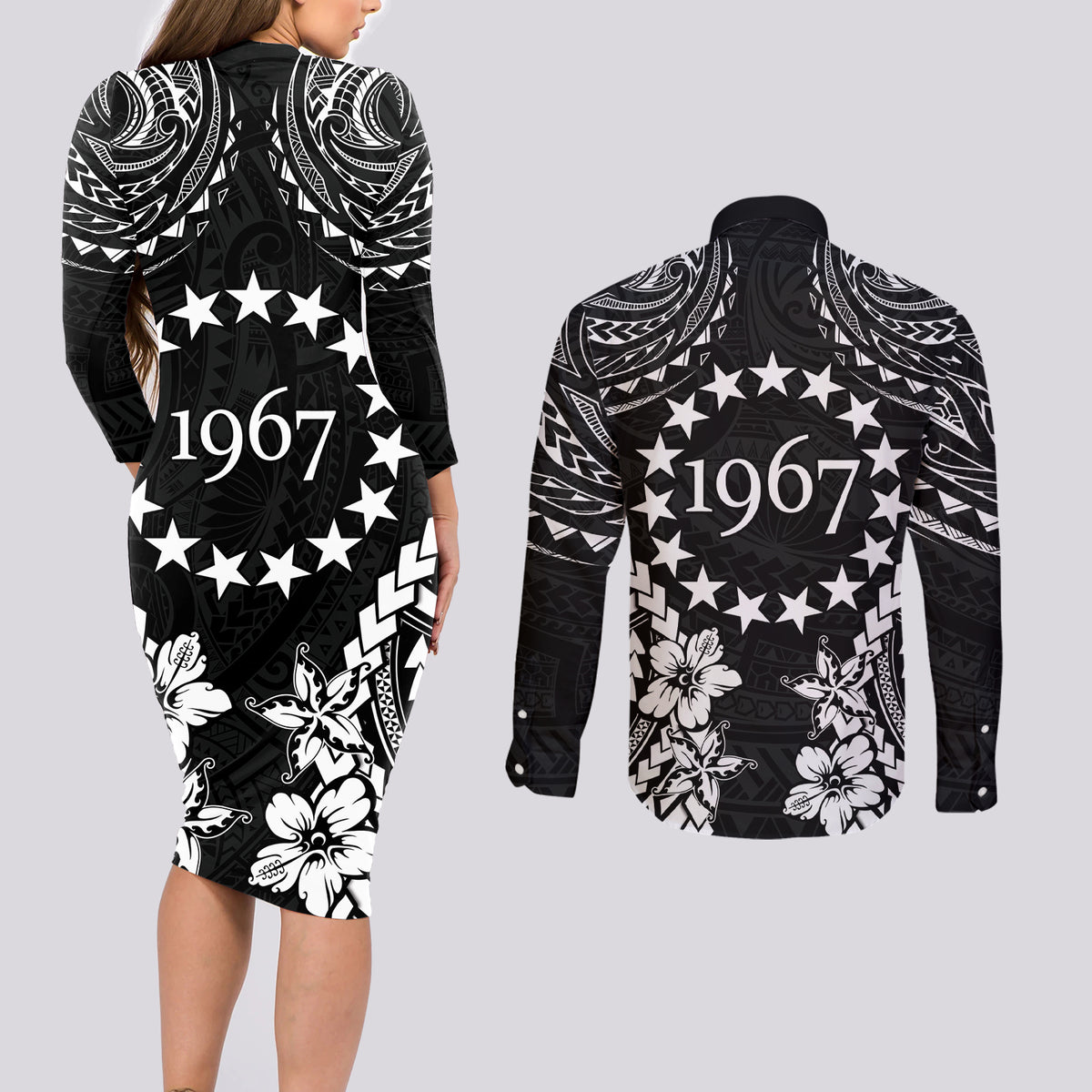 Cook Islands Ra o te Ui Ariki Est 1967 Couples Matching Long Sleeve Bodycon Dress and Long Sleeve Button Shirt LT9 - Polynesian Pride