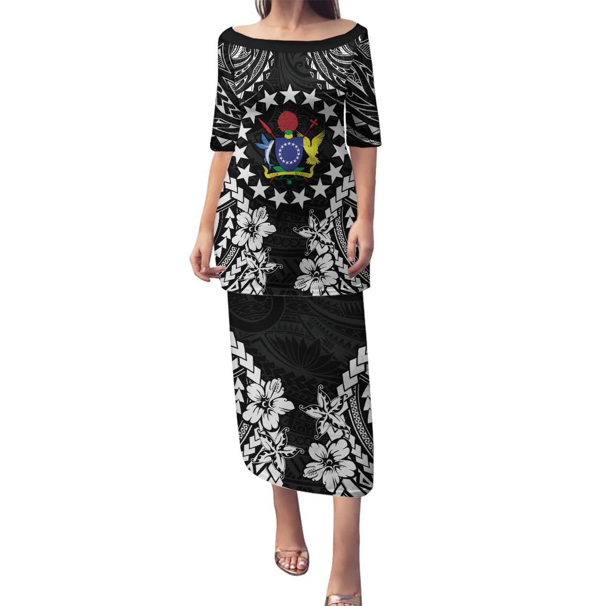 Cook Islands Ra o te Ui Ariki Est 1967 Family Matching Puletasi and Hawaiian Shirt LT9 Mom's Dress Black - Polynesian Pride