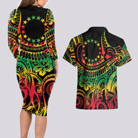 Cook Islands 15 Stars Couples Matching Long Sleeve Bodycon Dress and Hawaiian Shirt Kuki Airani Polynesian Tribal Wave Tattoo