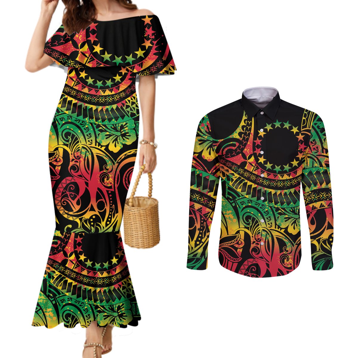 Cook Islands 15 Stars Couples Matching Mermaid Dress and Long Sleeve Button Shirt Kuki Airani Polynesian Tribal Wave Tattoo
