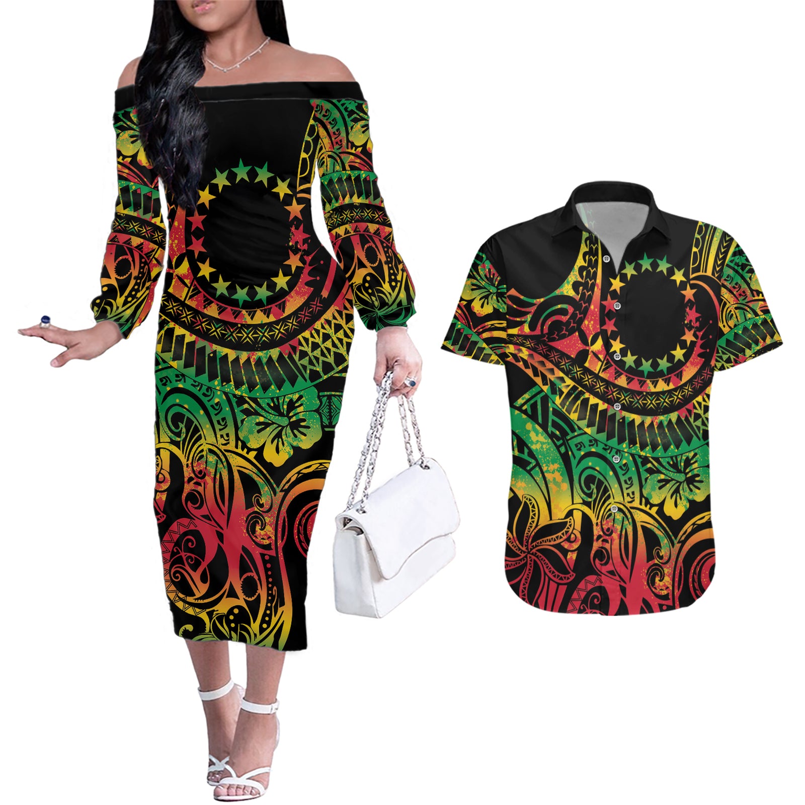 Cook Islands 15 Stars Couples Matching Off The Shoulder Long Sleeve Dress and Hawaiian Shirt Kuki Airani Polynesian Tribal Wave Tattoo