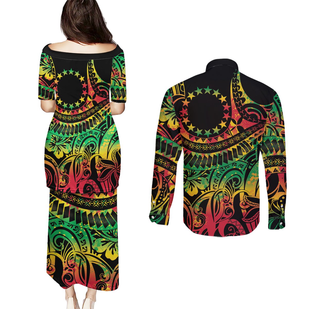 Cook Islands 15 Stars Couples Matching Puletasi and Long Sleeve Button Shirt Kuki Airani Polynesian Tribal Wave Tattoo LT9 - Polynesian Pride