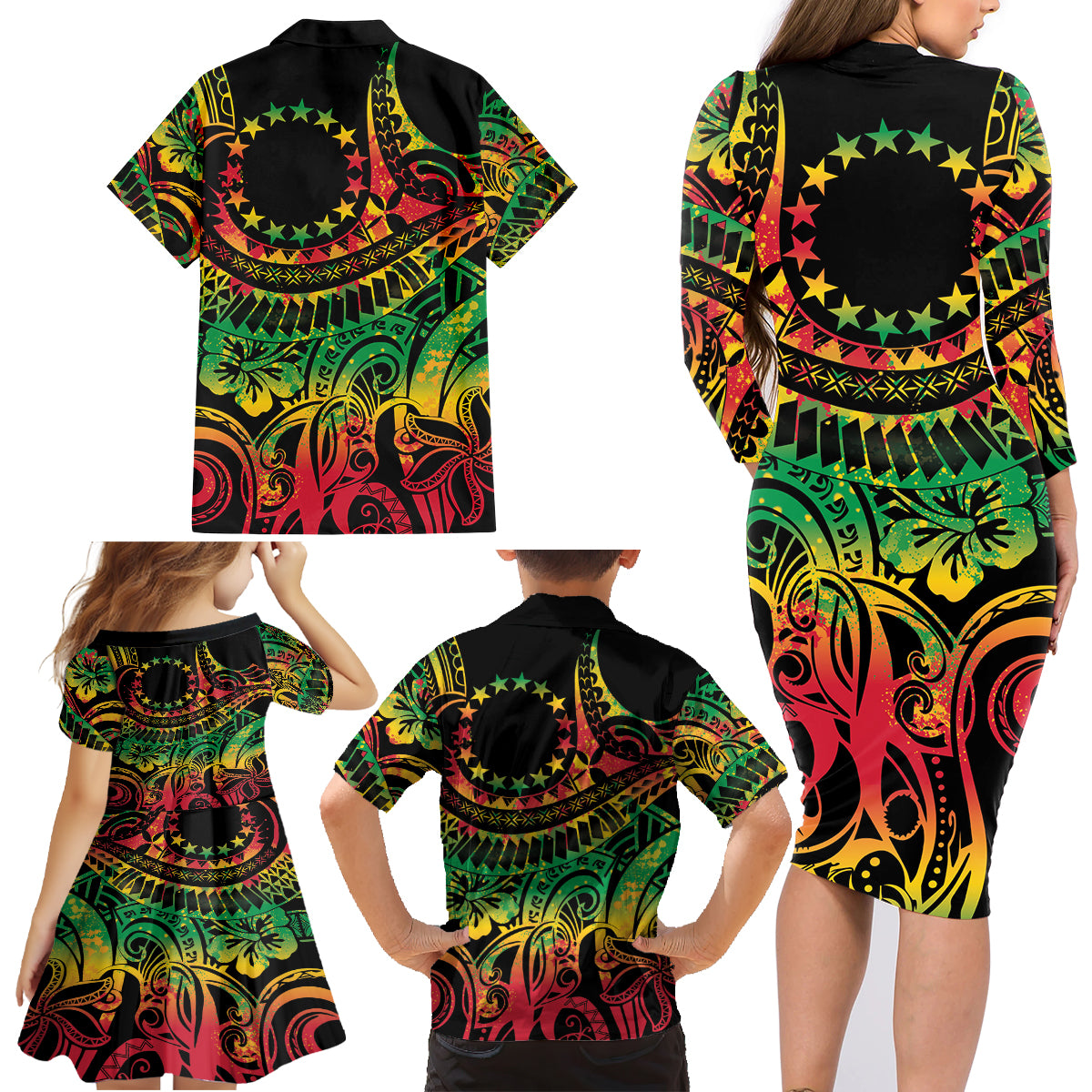 Cook Islands 15 Stars Family Matching Long Sleeve Bodycon Dress and Hawaiian Shirt Kuki Airani Polynesian Tribal Wave Tattoo