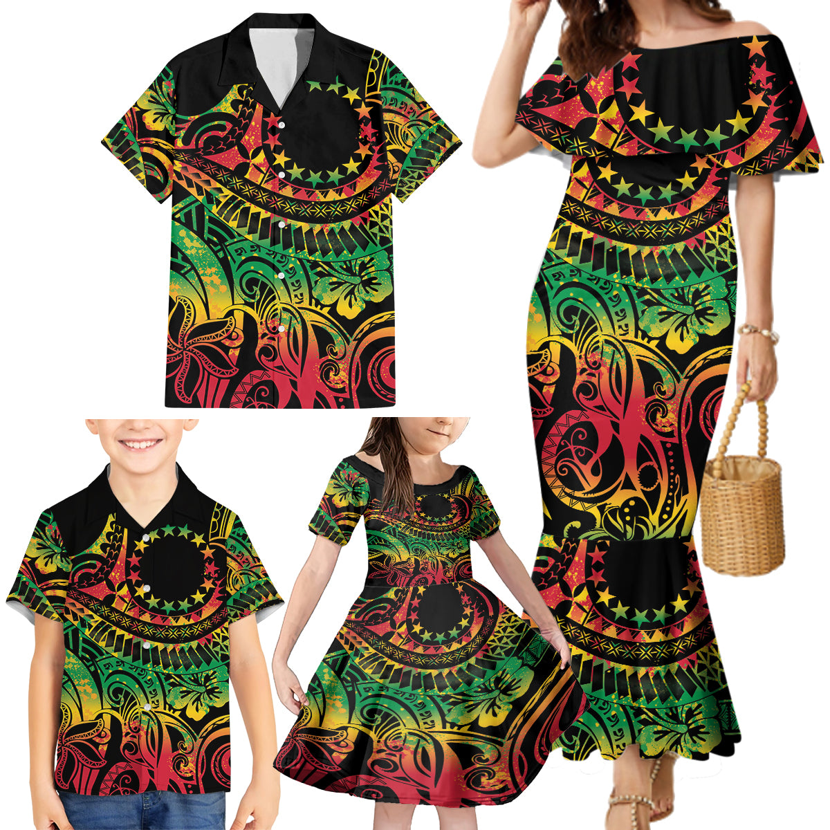 Cook Islands 15 Stars Family Matching Mermaid Dress and Hawaiian Shirt Kuki Airani Polynesian Tribal Wave Tattoo LT9 - Polynesian Pride