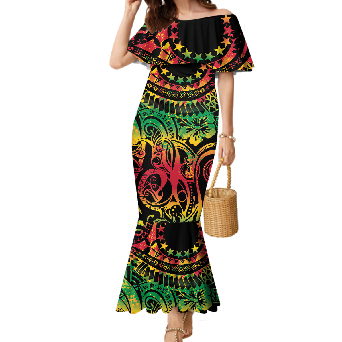 Cook Islands 15 Stars Family Matching Mermaid Dress and Hawaiian Shirt Kuki Airani Polynesian Tribal Wave Tattoo LT9 Mom's Dress Reggae - Polynesian Pride