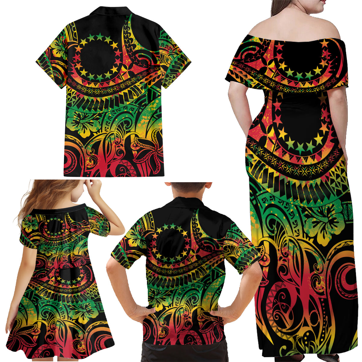 Cook Islands 15 Stars Family Matching Off Shoulder Maxi Dress and Hawaiian Shirt Kuki Airani Polynesian Tribal Wave Tattoo LT9 - Polynesian Pride