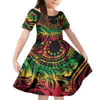Cook Islands 15 Stars Family Matching Off Shoulder Short Dress and Hawaiian Shirt Kuki Airani Polynesian Tribal Wave Tattoo LT9 Daughter's Dress Reggae - Polynesian Pride