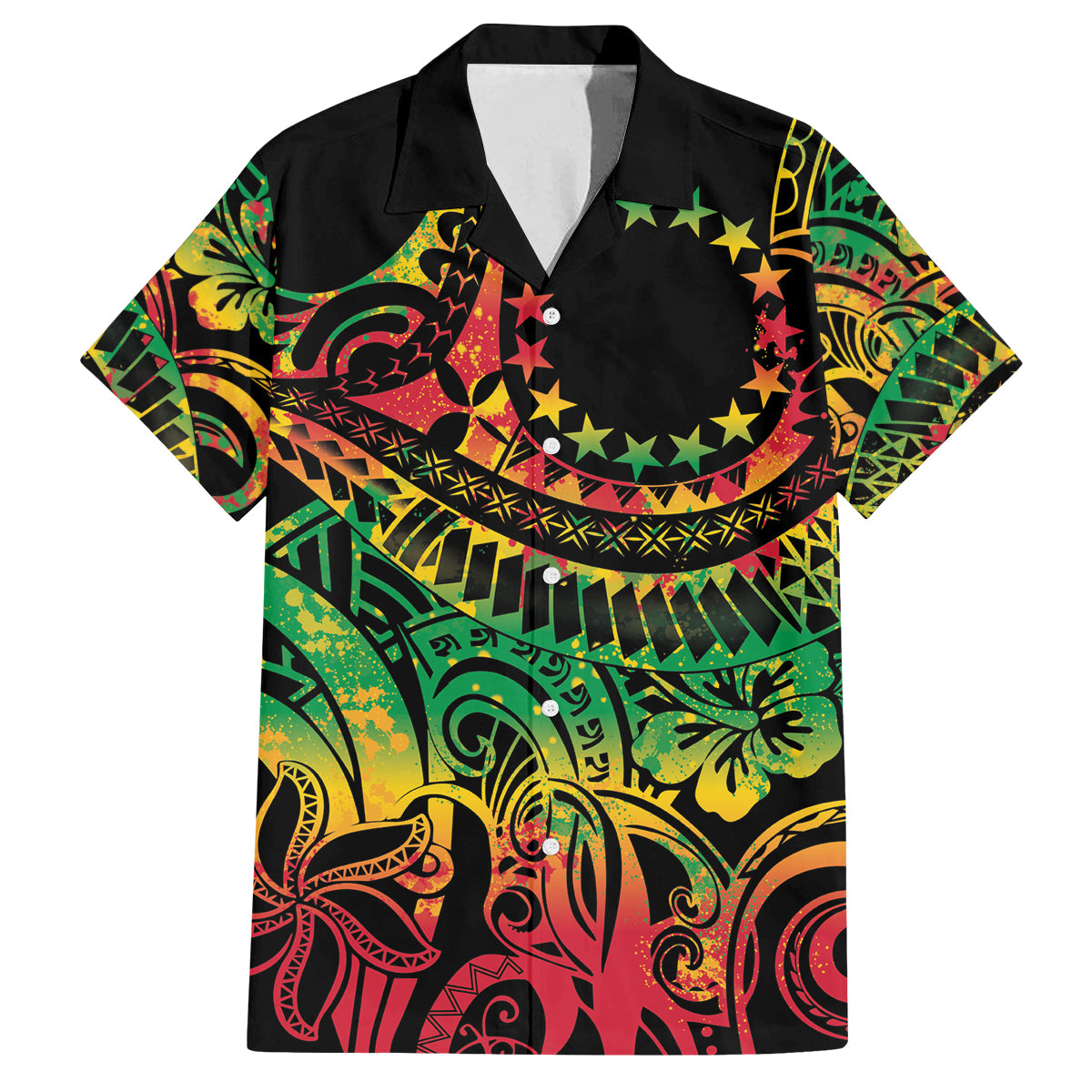 Cook Islands 15 Stars Family Matching Off Shoulder Short Dress and Hawaiian Shirt Kuki Airani Polynesian Tribal Wave Tattoo LT9 Dad's Shirt - Short Sleeve Reggae - Polynesian Pride
