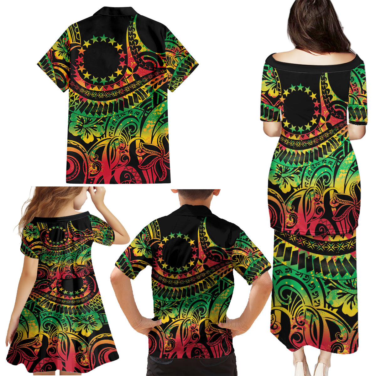 Cook Islands 15 Stars Family Matching Puletasi and Hawaiian Shirt Kuki Airani Polynesian Tribal Wave Tattoo LT9 - Polynesian Pride