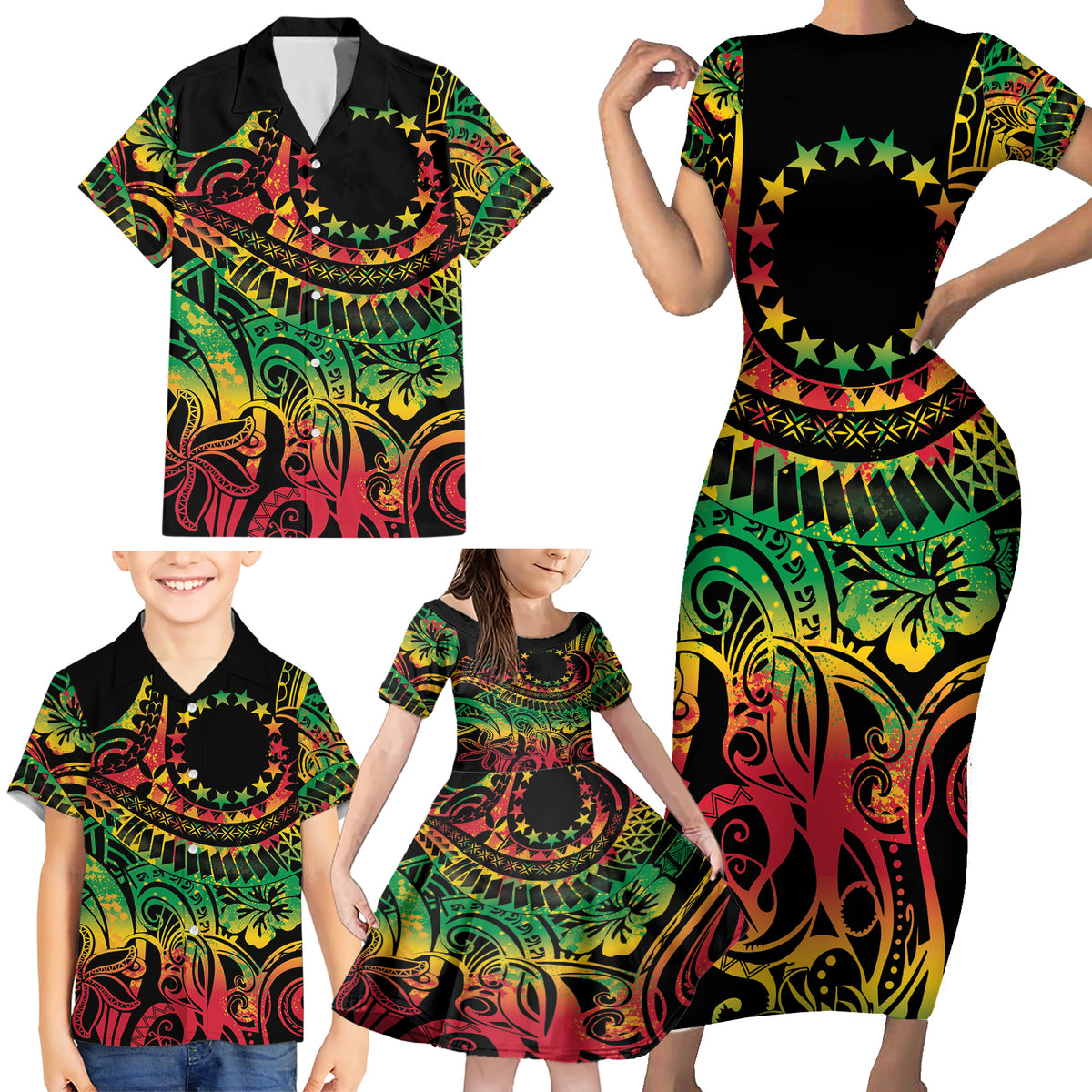 Cook Islands 15 Stars Family Matching Short Sleeve Bodycon Dress and Hawaiian Shirt Kuki Airani Polynesian Tribal Wave Tattoo LT9 - Polynesian Pride