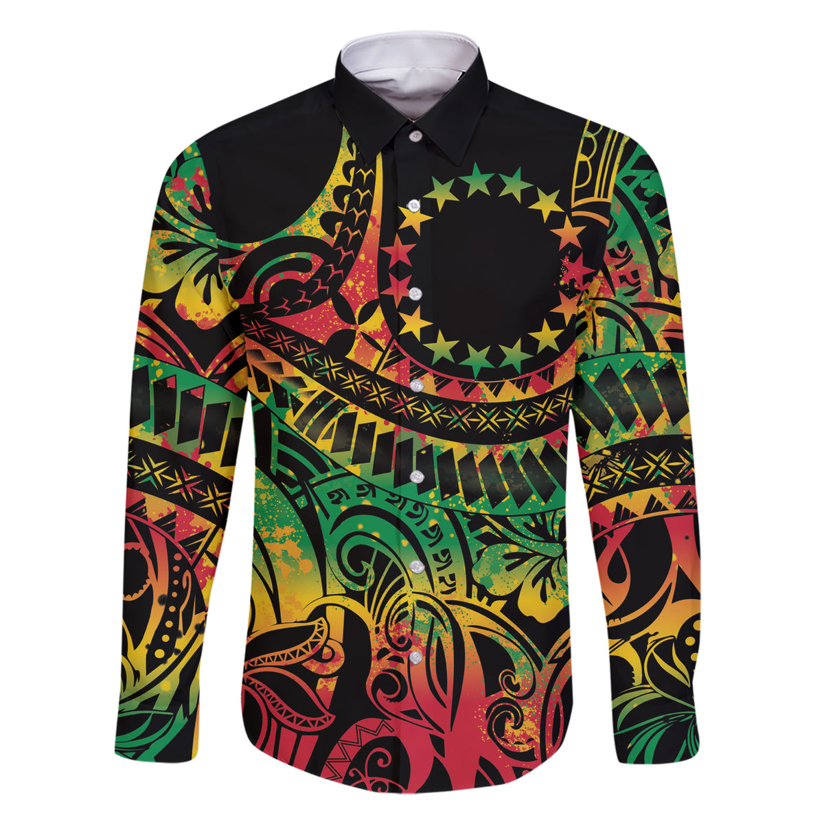Cook Islands 15 Stars Family Matching Short Sleeve Bodycon Dress and Hawaiian Shirt Kuki Airani Polynesian Tribal Wave Tattoo LT9 Dad's Shirt - Long Sleeve Reggae - Polynesian Pride