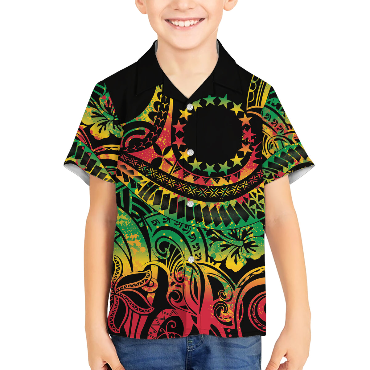 Cook Islands 15 Stars Kid Hawaiian Shirt Kuki Airani Polynesian Tribal Wave Tattoo LT9 Kid Reggae - Polynesian Pride