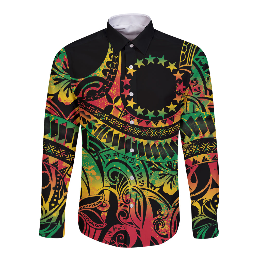 Cook Islands 15 Stars Long Sleeve Button Shirt Kuki Airani Polynesian Tribal Wave Tattoo