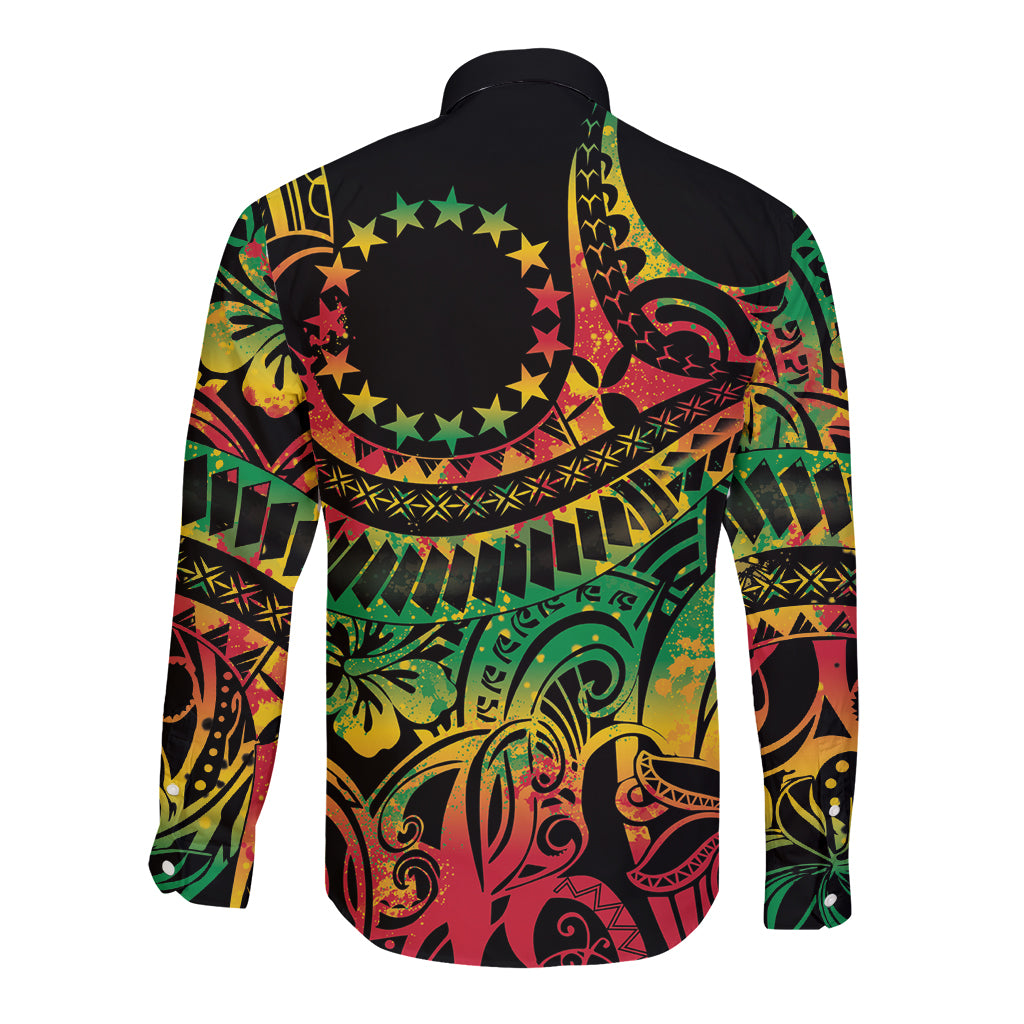 Cook Islands 15 Stars Long Sleeve Button Shirt Kuki Airani Polynesian Tribal Wave Tattoo