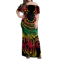 Cook Islands 15 Stars Off Shoulder Maxi Dress Kuki Airani Polynesian Tribal Wave Tattoo LT9 Women Reggae - Polynesian Pride