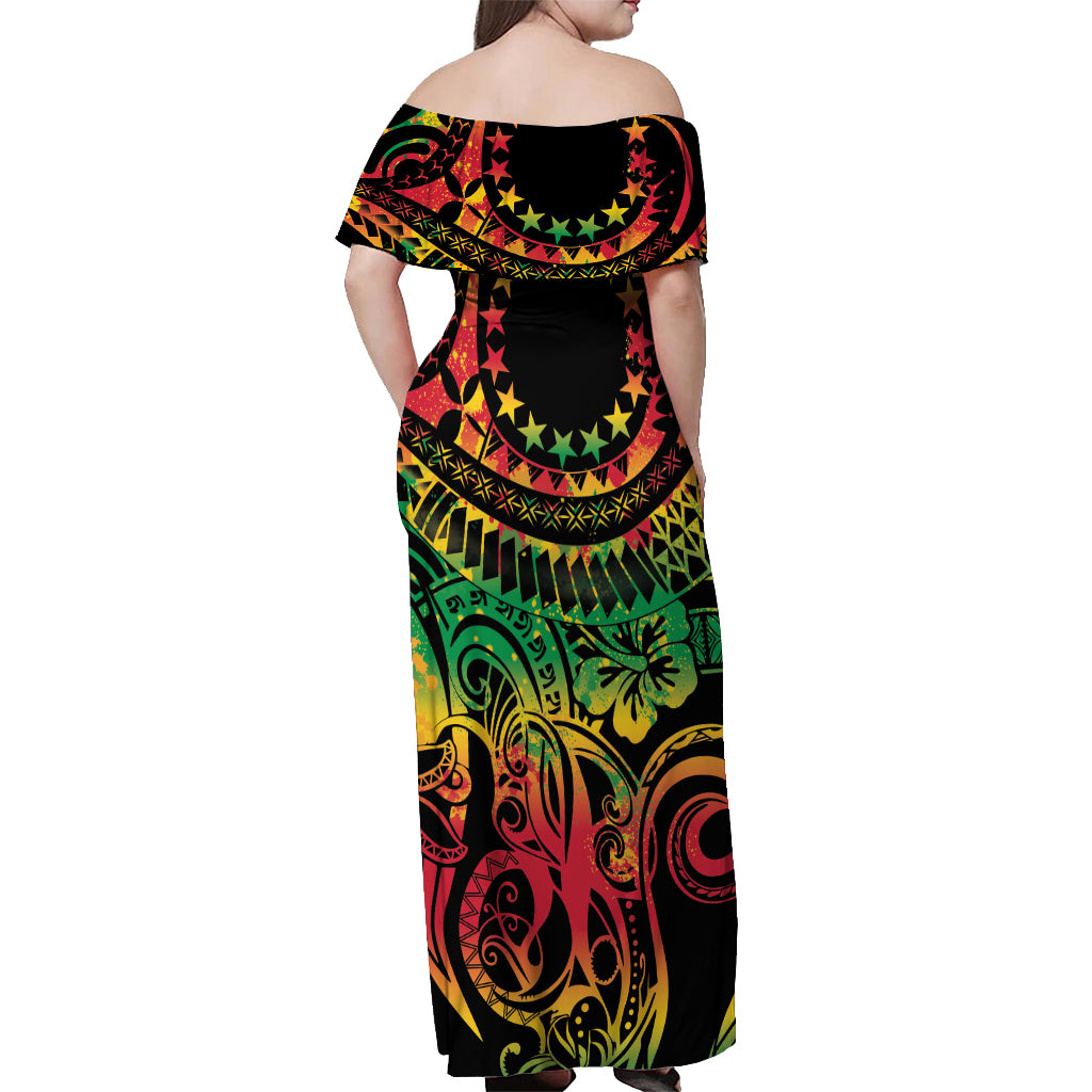 Cook Islands 15 Stars Off Shoulder Maxi Dress Kuki Airani Polynesian Tribal Wave Tattoo LT9 - Polynesian Pride