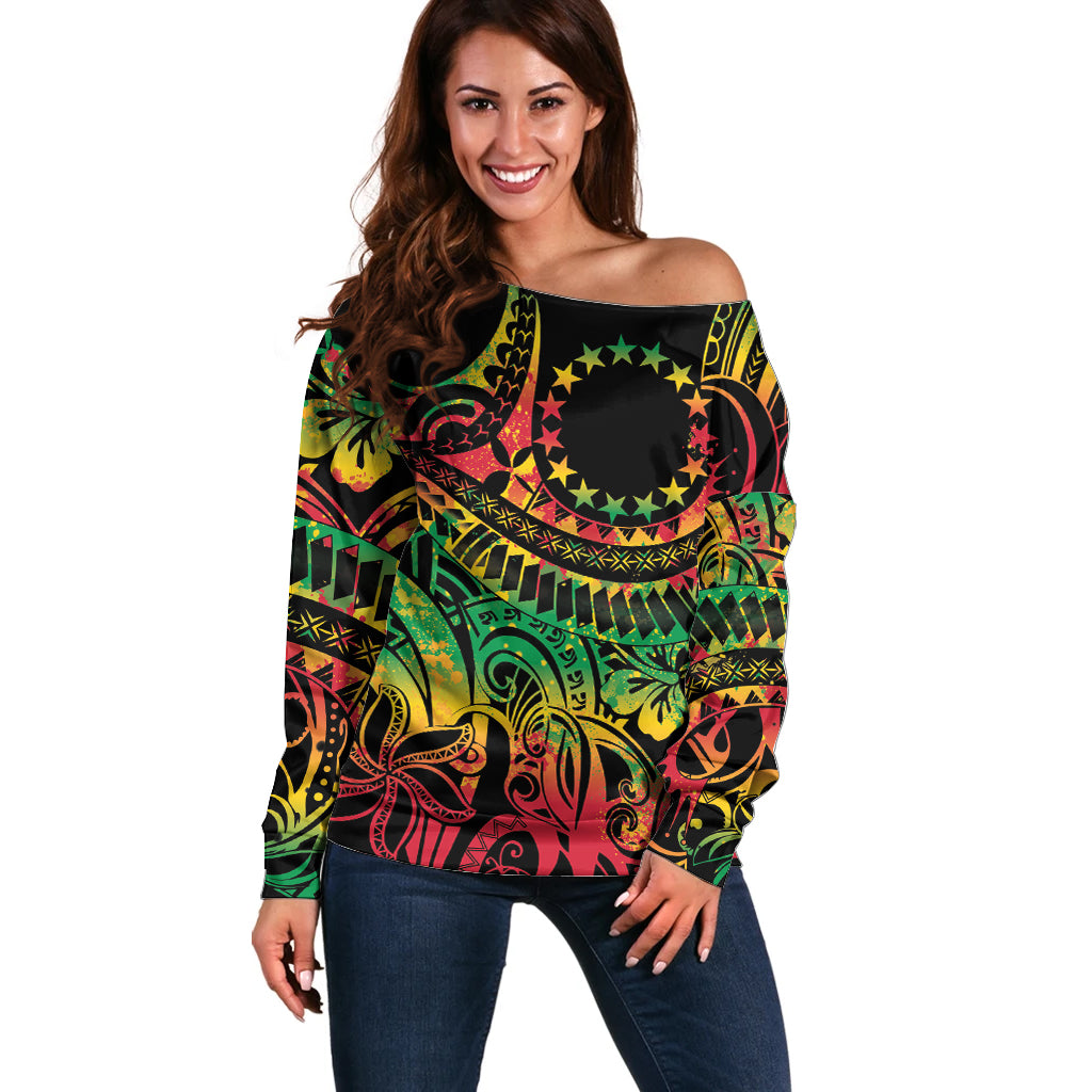 Cook Islands 15 Stars Off Shoulder Sweater Kuki Airani Polynesian Tribal Wave Tattoo