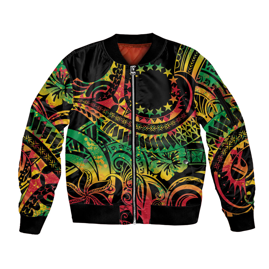 Cook Islands 15 Stars Sleeve Zip Bomber Jacket Kuki Airani Polynesian Tribal Wave Tattoo