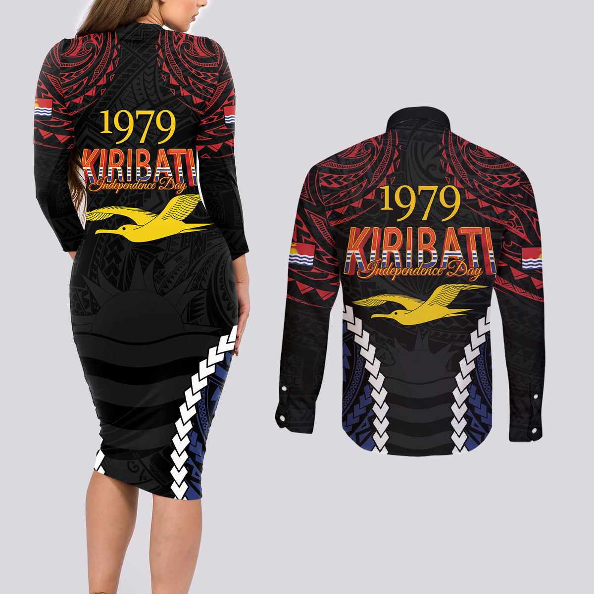 Kiribati 45th Anniversary Independence Day Couples Matching Long Sleeve Bodycon Dress and Long Sleeve Button Shirt Since 1979 LT9 - Polynesian Pride