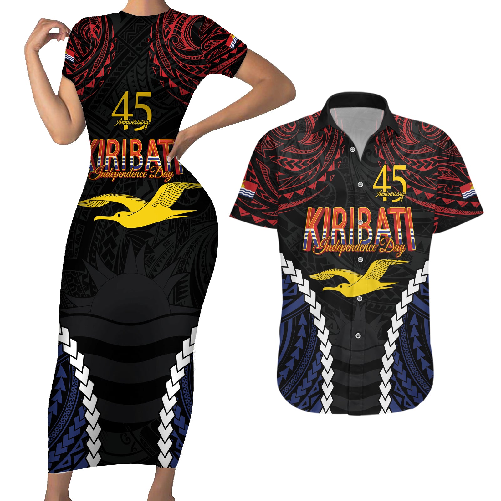 Kiribati 45th Anniversary Independence Day Couples Matching Short Sleeve Bodycon Dress and Hawaiian Shirt Since 1979