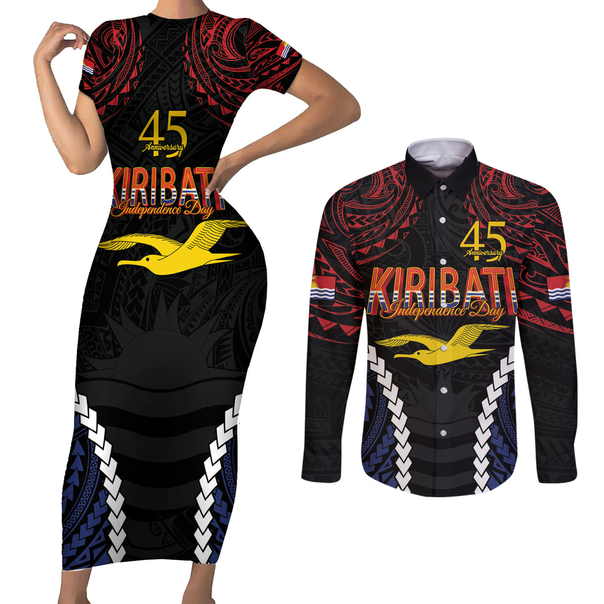 Kiribati 45th Anniversary Independence Day Couples Matching Short Sleeve Bodycon Dress and Long Sleeve Button Shirt Since 1979 LT9 Black - Polynesian Pride
