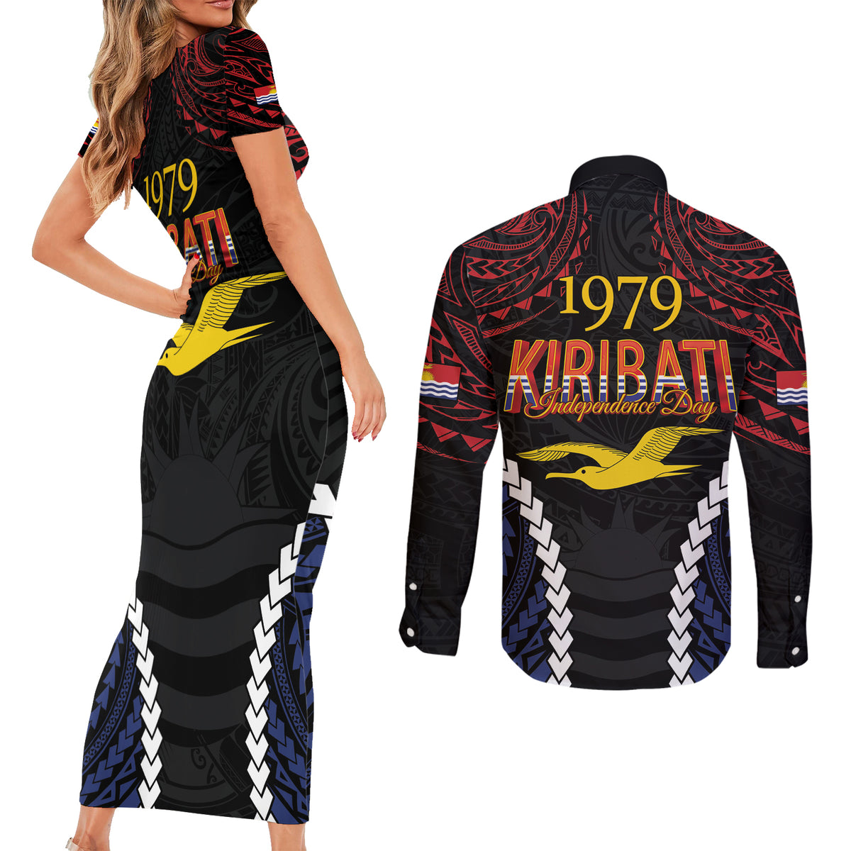 Kiribati 45th Anniversary Independence Day Couples Matching Short Sleeve Bodycon Dress and Long Sleeve Button Shirt Since 1979 LT9 - Polynesian Pride