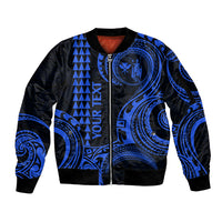 Custom King Kamehameha Day Hawaii Sleeve Zip Bomber Jacket Paradise of the Pacific Tribal Kakau - Blue LT9 Unisex Blue - Polynesian Pride