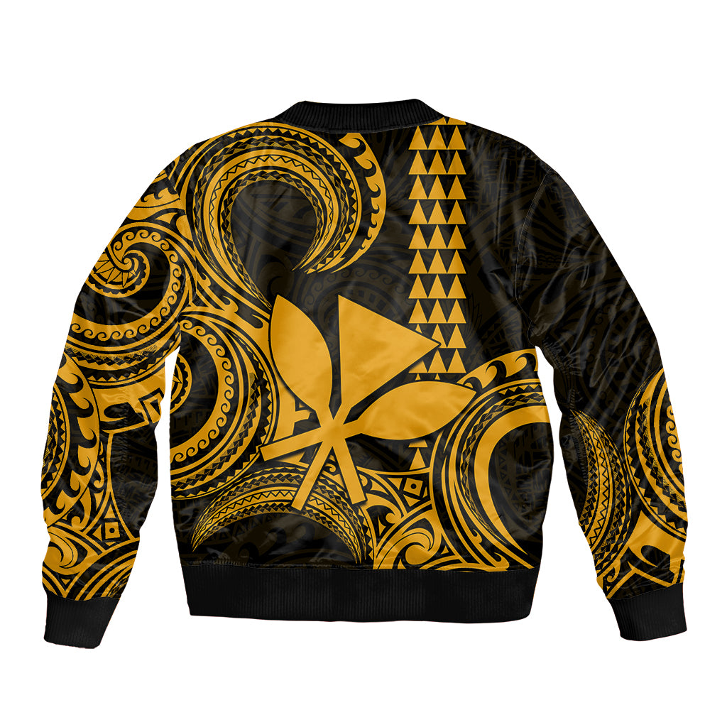 Custom King Kamehameha Day Hawaii Sleeve Zip Bomber Jacket Paradise of the Pacific Tribal Kakau - Gold LT9 - Polynesian Pride