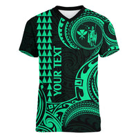 Custom King Kamehameha Day Hawaii Women V Neck T Shirt Paradise of the Pacific Tribal Kakau - Green LT9 Female Green - Polynesian Pride