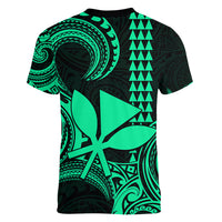 Custom King Kamehameha Day Hawaii Women V Neck T Shirt Paradise of the Pacific Tribal Kakau - Green LT9 - Polynesian Pride