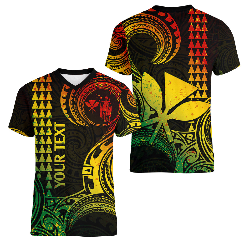 Custom King Kamehameha Day Hawaii Women V Neck T Shirt Paradise of the Pacific Tribal Kakau - Reggae LT9 - Polynesian Pride