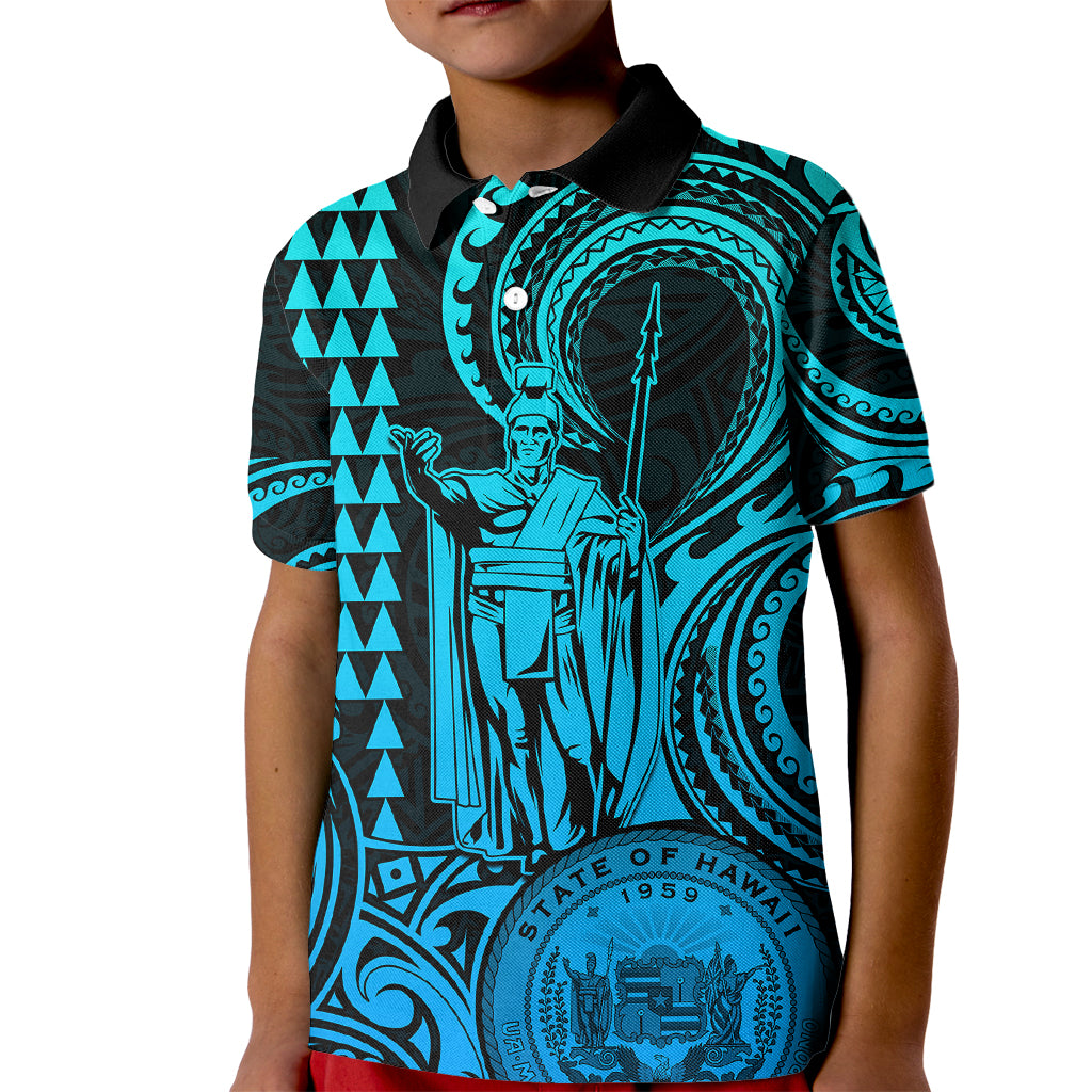 King Kamehameha Day Hawaii Kid Polo Shirt Paradise of the Pacific Tribal Kakau with Kanaka Maoli - Aqua LT9 Kid Aqua - Polynesian Pride