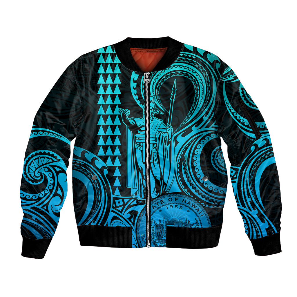 King Kamehameha Day Hawaii Sleeve Zip Bomber Jacket Paradise of the Pacific Tribal Kakau with Kanaka Maoli - Aqua LT9 Unisex Aqua - Polynesian Pride
