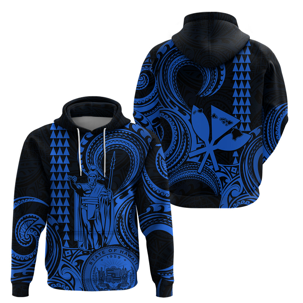 King Kamehameha Day Hawaii Hoodie Paradise of the Pacific Tribal Kakau with Kanaka Maoli Blue LT9 - Polynesian Pride