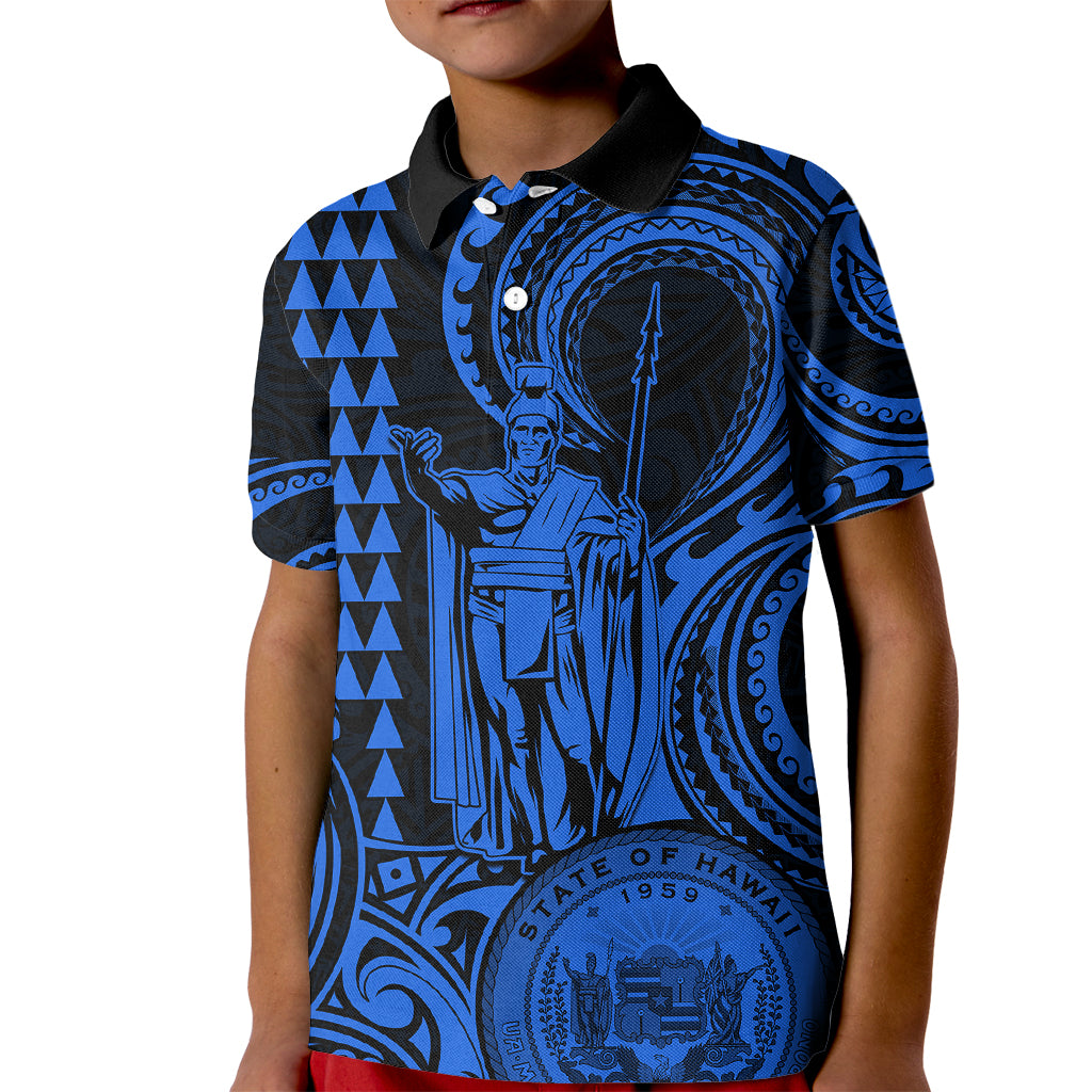 King Kamehameha Day Hawaii Kid Polo Shirt Paradise of the Pacific Tribal Kakau with Kanaka Maoli - Blue LT9 Kid Blue - Polynesian Pride