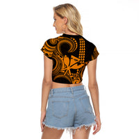 King Kamehameha Day Hawaii Raglan Cropped T Shirt Paradise of the Pacific Tribal Kakau with Kanaka Maoli - Gold LT9 - Polynesian Pride