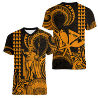 King Kamehameha Day Hawaii Women V Neck T Shirt Paradise of the Pacific Tribal Kakau with Kanaka Maoli - Gold LT9 - Polynesian Pride