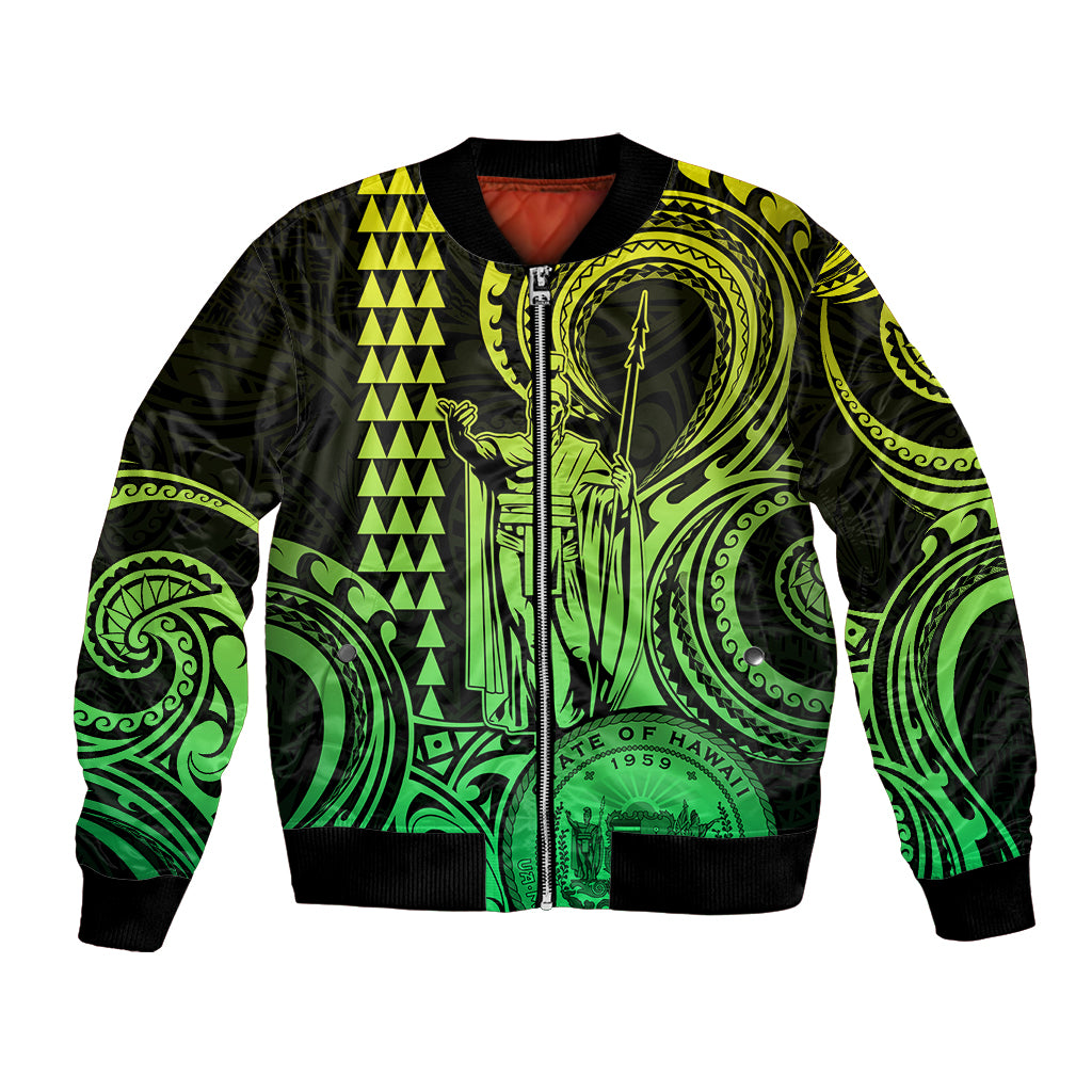 King Kamehameha Day Hawaii Bomber Jacket Paradise of the Pacific Tribal Kakau with Kanaka Maoli - Lime LT9 Unisex Lime - Polynesian Pride