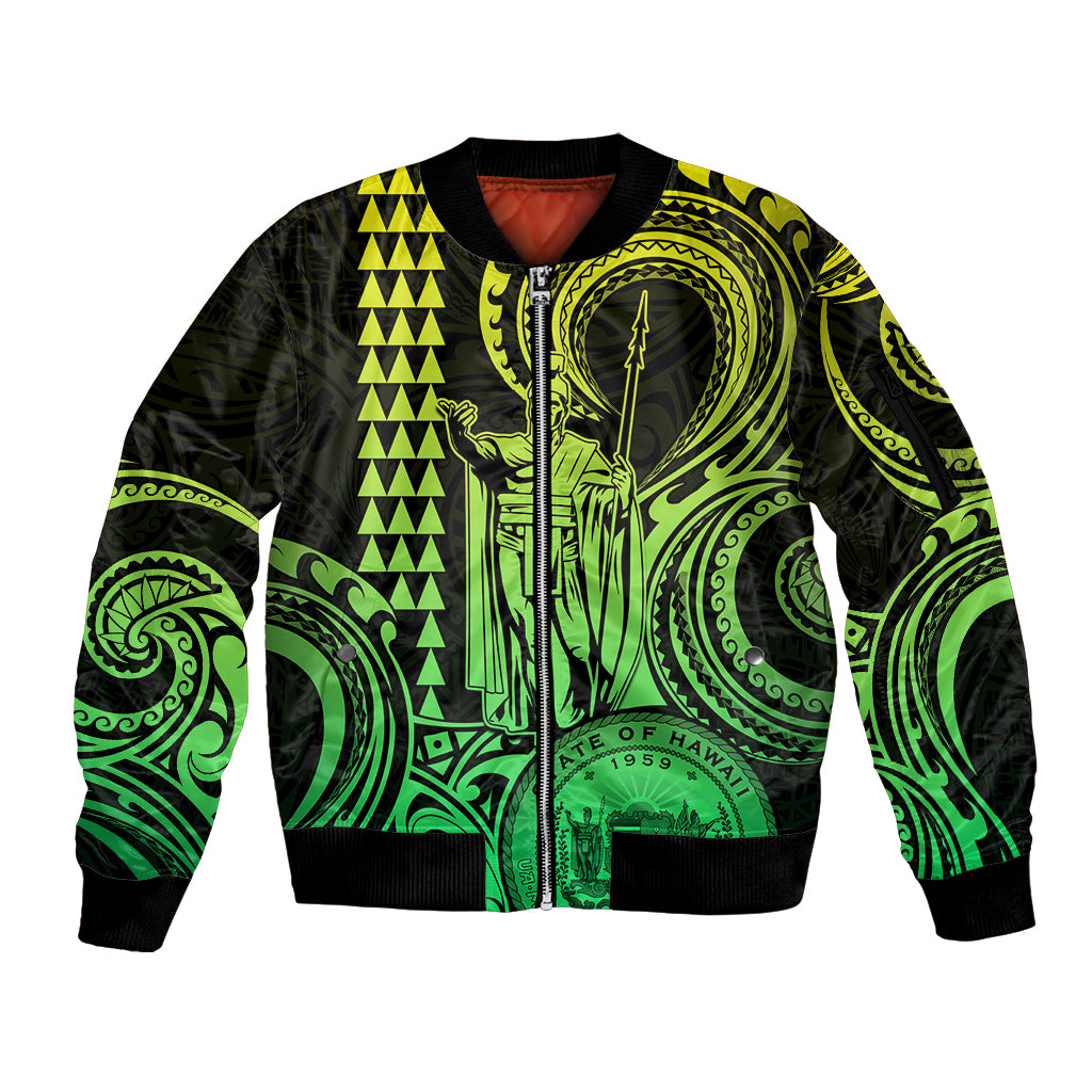 King Kamehameha Day Hawaii Sleeve Zip Bomber Jacket Paradise of the Pacific Tribal Kakau with Kanaka Maoli - Lime LT9 Unisex Lime - Polynesian Pride