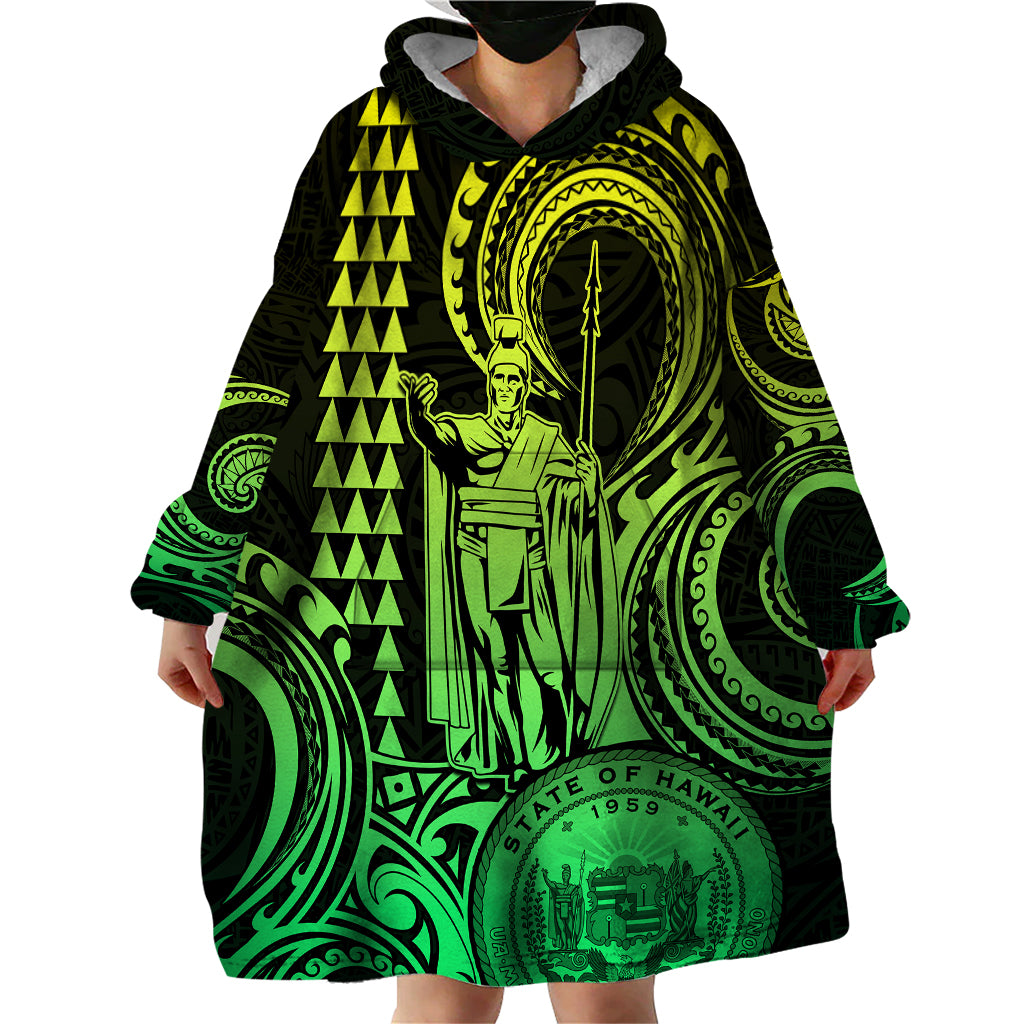 King Kamehameha Day Hawaii Wearable Blanket Hoodie Paradise of the Pacific Tribal Kakau with Kanaka Maoli - Lime LT9 - Polynesian Pride